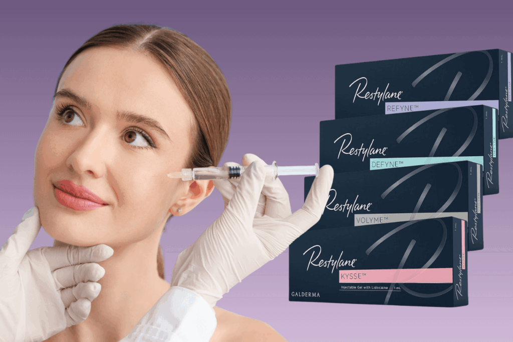 The Restylane line from Galderma offers particle-based hyaluronic acid fillers with specialized formulations for targeted treatments.